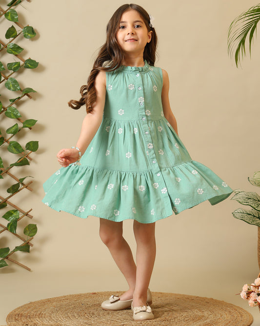 Mint green girls sleeveless A-line dress with floral embroidery and flared hem
