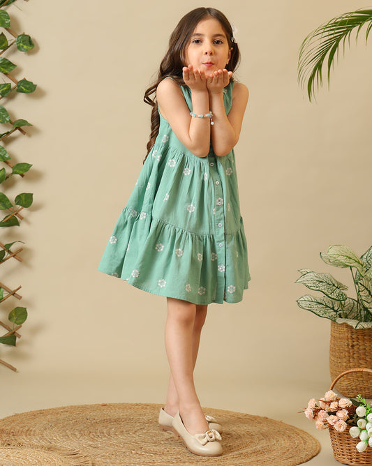 Mint green girls sleeveless A-line dress with floral embroidery and flared hem
