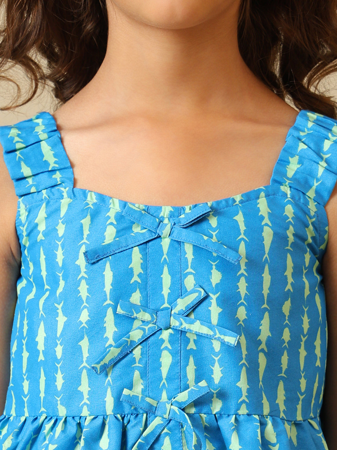 Blue girls printed co-ord set with layered sleeveless top and matching shorts