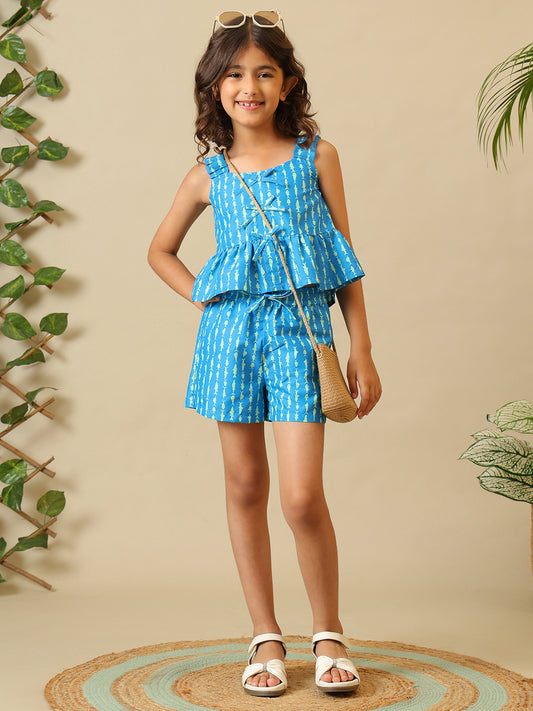 Blue girls printed co-ord set with layered sleeveless top and matching shorts