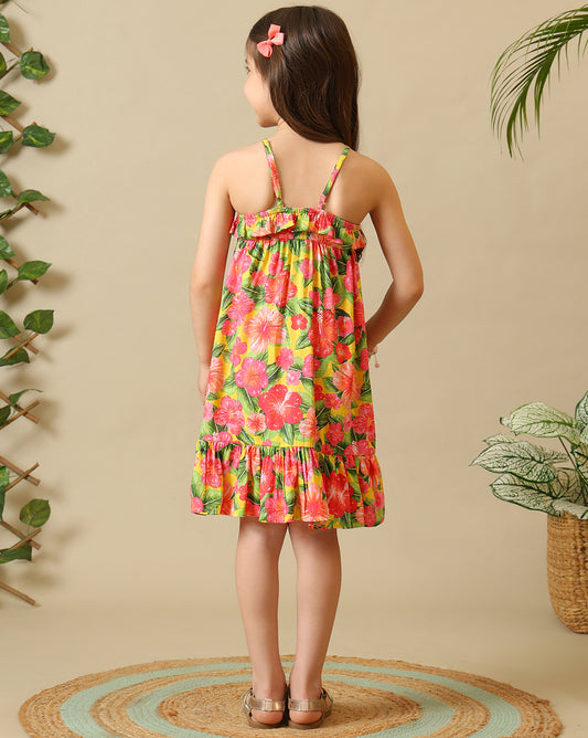 Multicolour floral printed girls sleeveless A-line dress with gathered waist and flared hem
