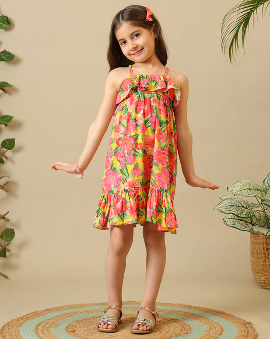 Multicolour floral printed girls sleeveless A-line dress with gathered waist and flared hem