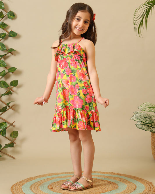 Multicolour floral printed girls sleeveless A-line dress with gathered waist and flared hem
