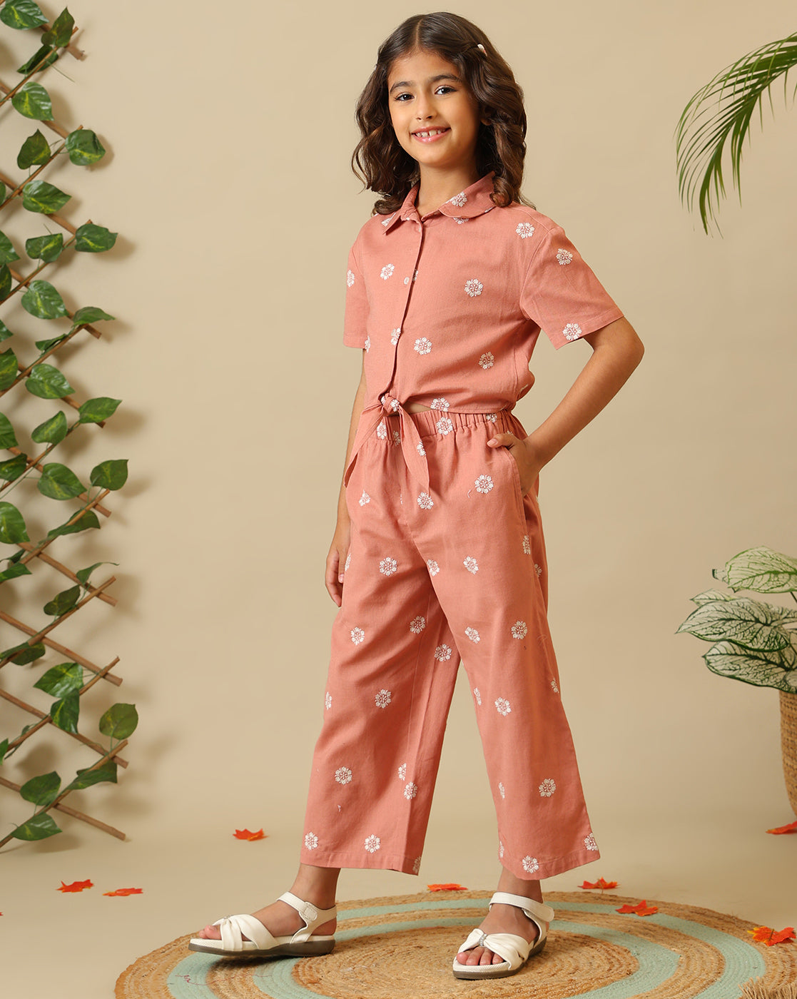 Coral girls floral printed co-ord set with short sleeve top and wide-leg pants