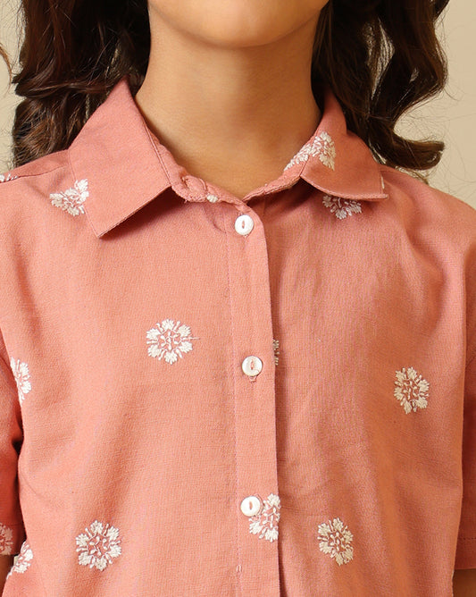 Coral girls floral printed co-ord set with short sleeve top and wide-leg pants