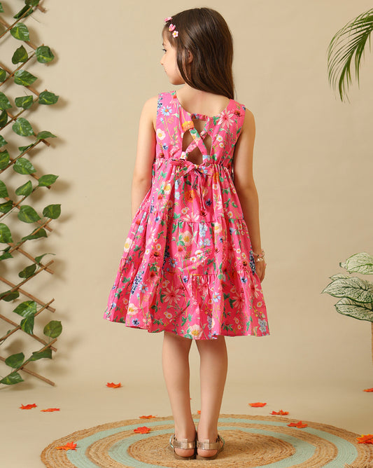 Pink floral printed girls sleeveless fit and flare dress with tiered hem