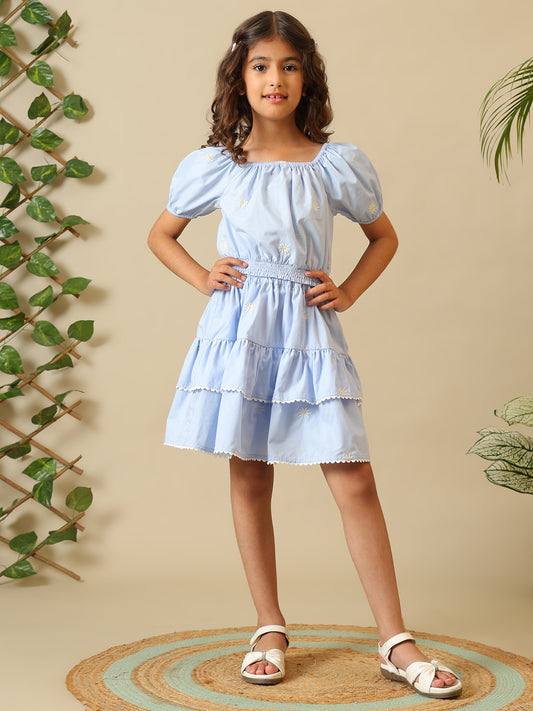 Blue girls off-shoulder co-ord set with puff sleeve crop top and tiered ruffle skirt