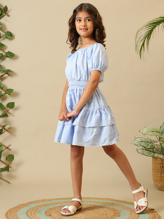Blue girls off-shoulder co-ord set with puff sleeve crop top and tiered ruffle skirt
