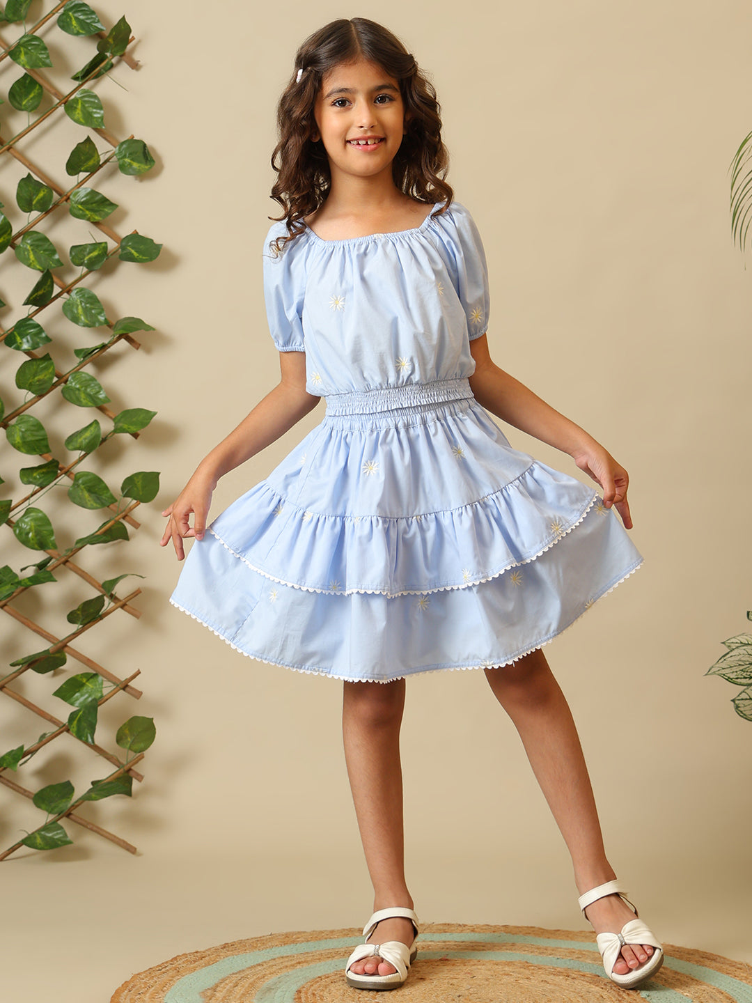 Blue girls off-shoulder co-ord set with puff sleeve crop top and tiered ruffle skirt