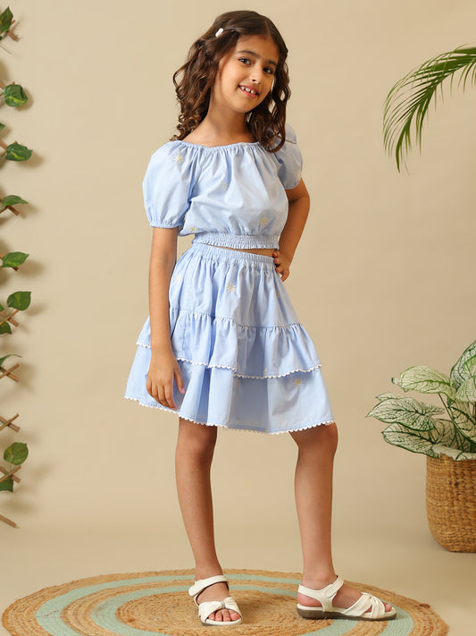 Blue girls off-shoulder co-ord set with puff sleeve crop top and tiered ruffle skirt