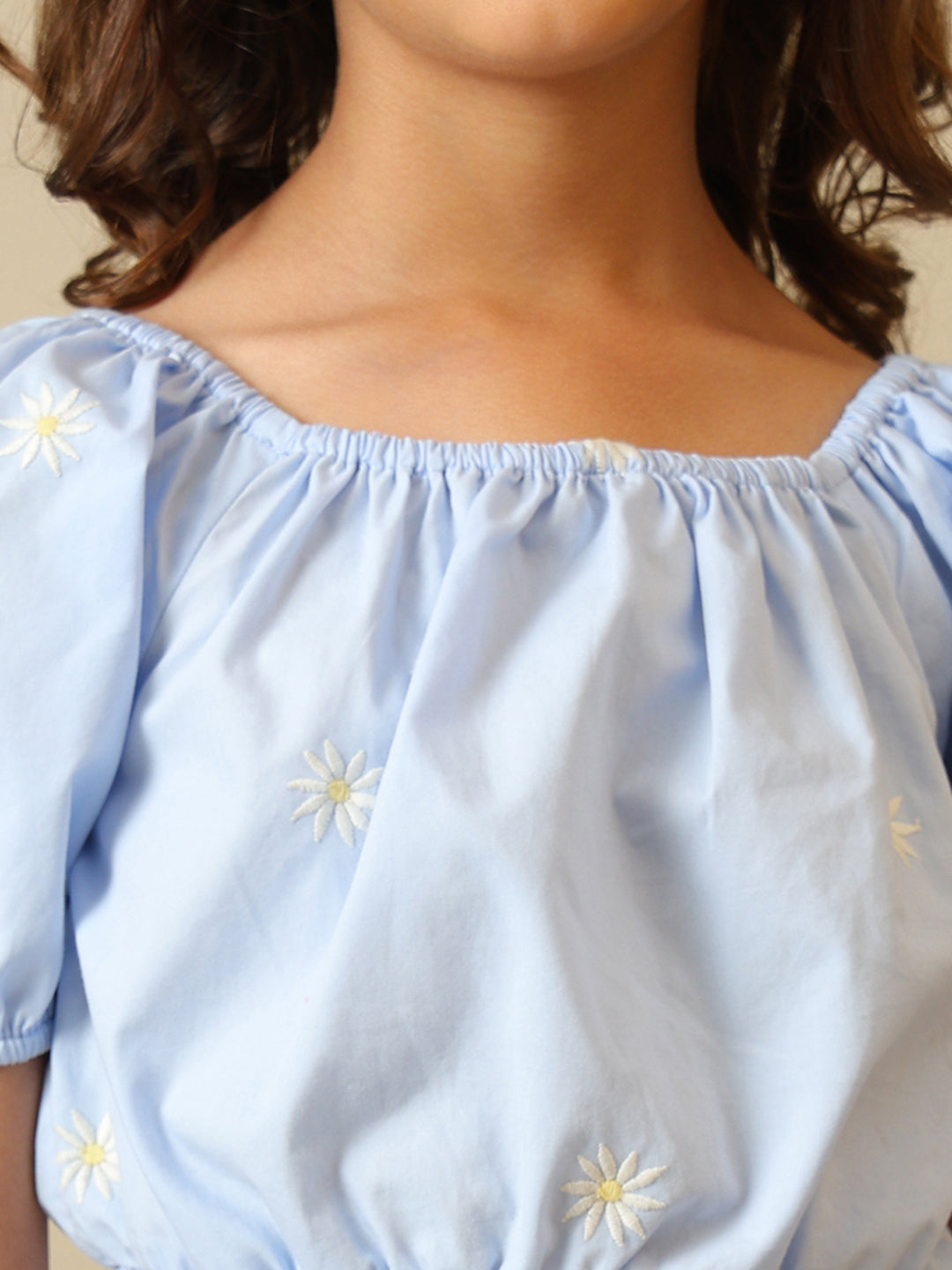 Blue girls off-shoulder co-ord set with puff sleeve crop top and tiered ruffle skirt
