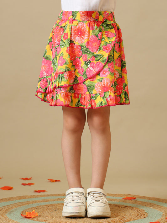 White girls short sleeve top with multicolour floral printed skirt