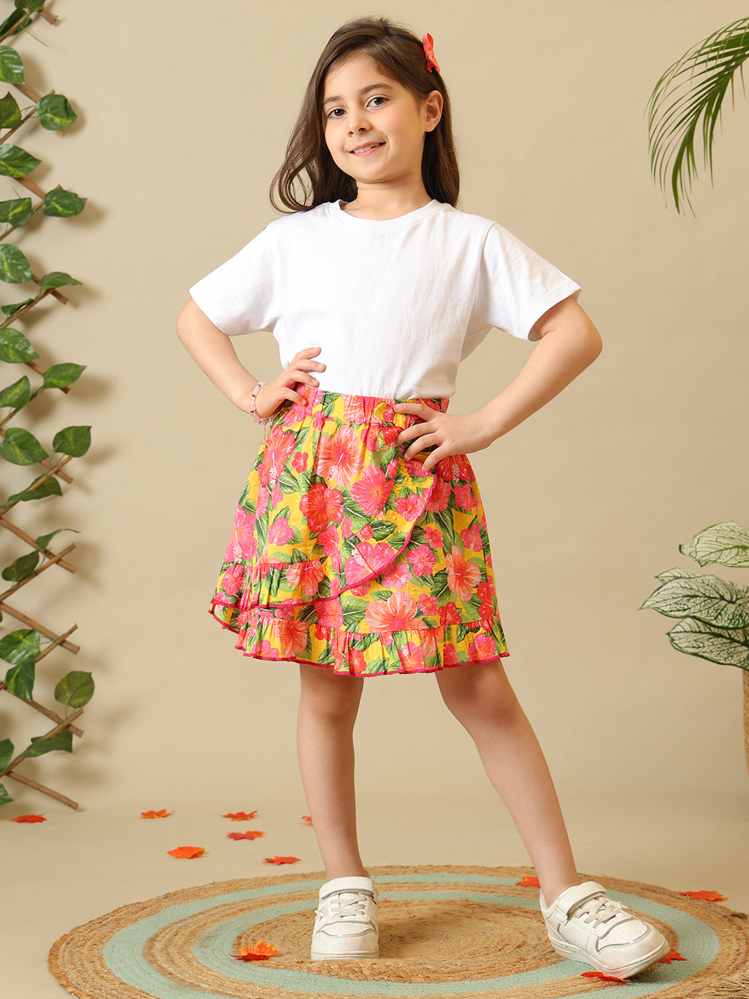 White girls short sleeve top with multicolour floral printed skirt