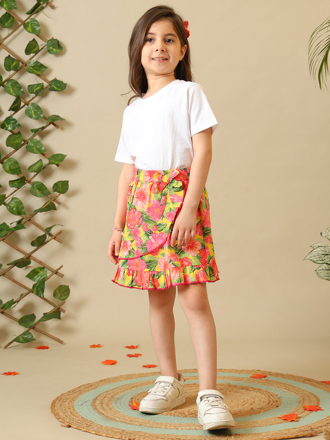 White girls short sleeve top with multicolour floral printed skirt