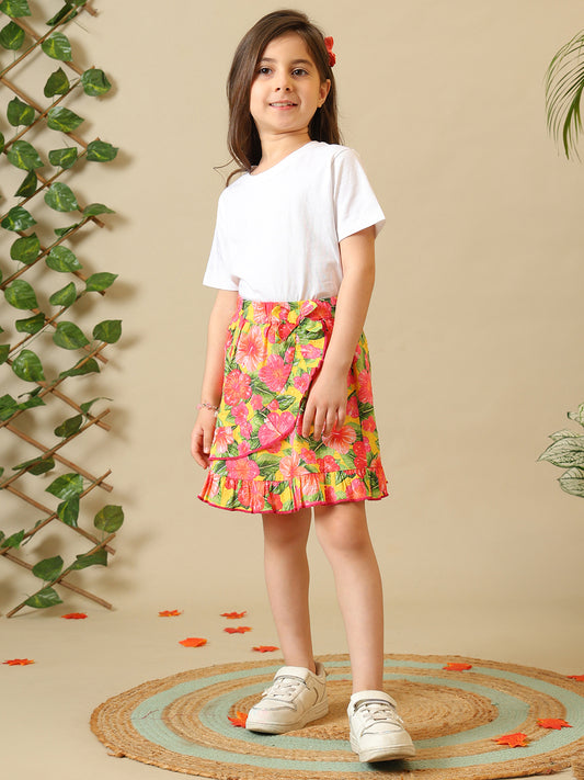 White girls short sleeve top with multicolour floral printed skirt