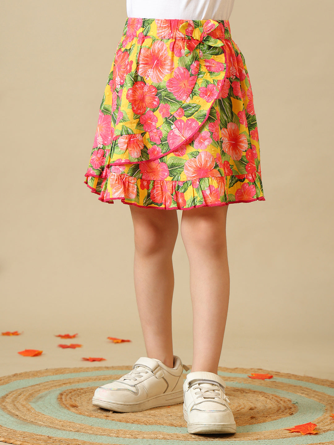 White girls short sleeve top with multicolour floral printed skirt