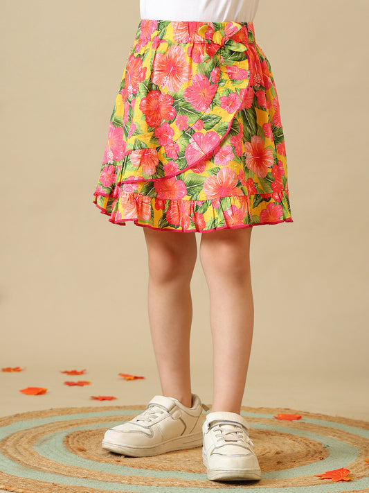 White girls short sleeve top with multicolour floral printed skirt