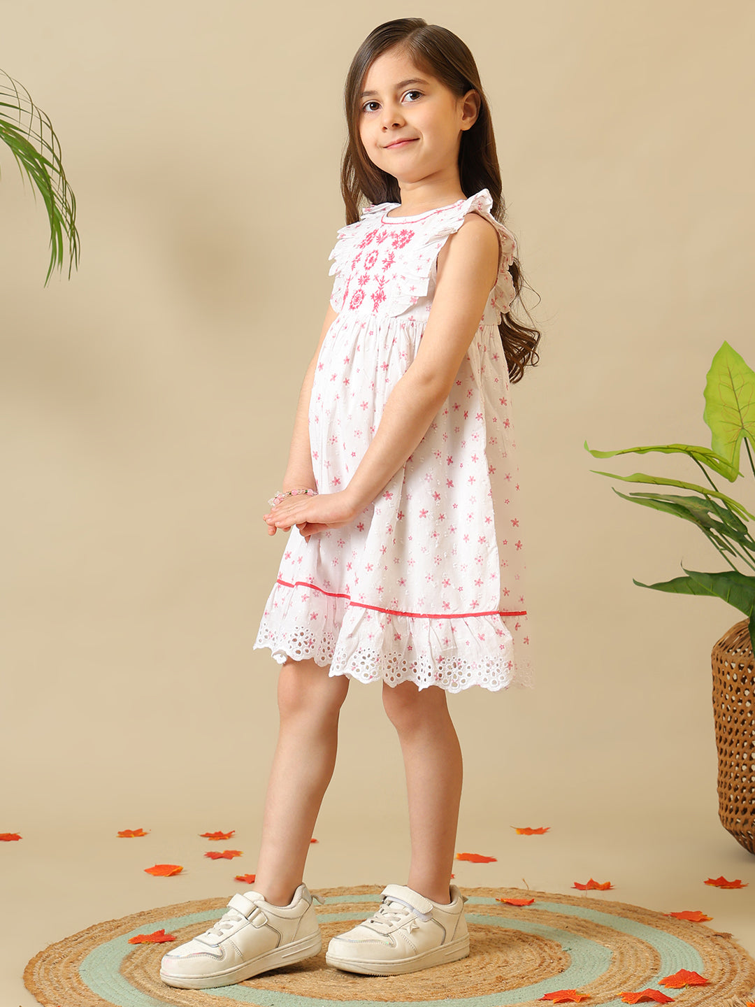 White girls floral printed sleeveless dress with ruffle detailing and tiered hem
