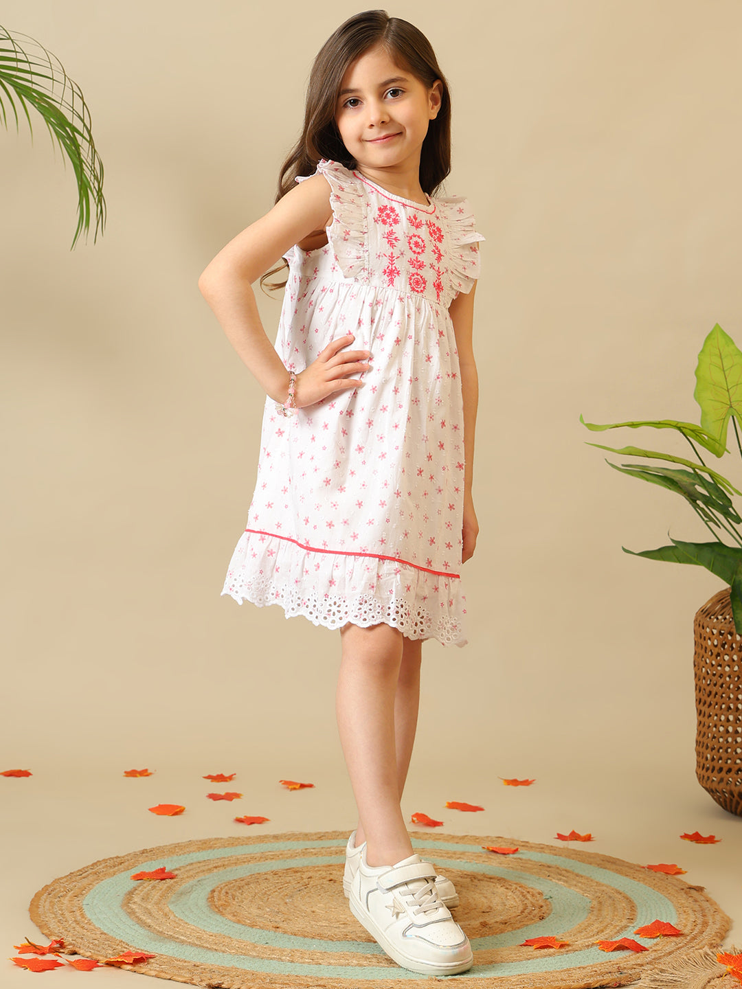 White girls floral printed sleeveless dress with ruffle detailing and tiered hem