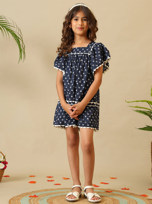 Navy blue girls floral printed dress with ruffle sleeves, gathered waist and contrast trim