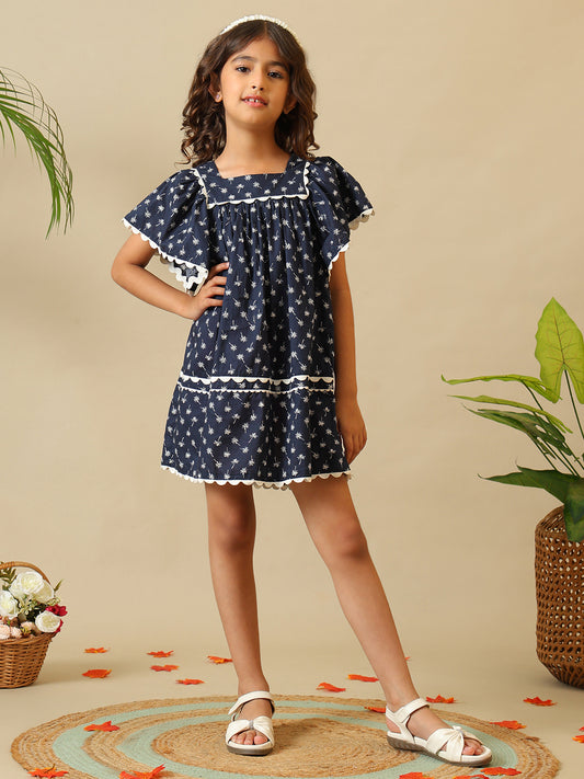 Navy blue girls floral printed dress with ruffle sleeves, gathered waist and contrast trim
