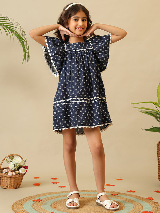 Navy blue girls floral printed dress with ruffle sleeves, gathered waist and contrast trim
