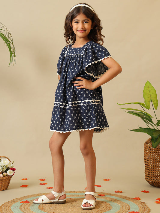 Navy blue girls floral printed dress with ruffle sleeves, gathered waist and contrast trim