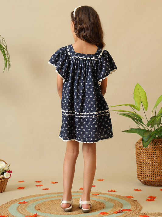 Navy blue girls floral printed dress with ruffle sleeves, gathered waist and contrast trim