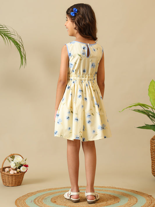 Cream girls floral printed fit and flare dress with sleeveless design and gathered waist