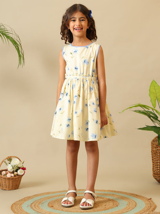 Cream girls floral printed fit and flare dress with sleeveless design and gathered waist