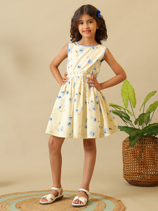 Cream girls floral printed fit and flare dress with sleeveless design and gathered waist