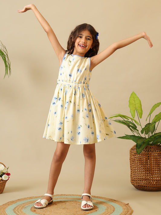 Cream girls floral printed fit and flare dress with sleeveless design and gathered waist