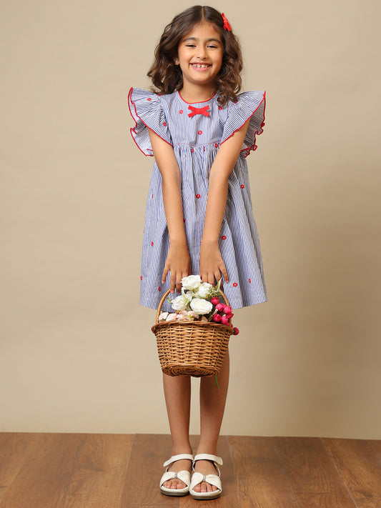 Blue striped girls printed dress with ruffle sleeves, gathered waist and red bow detailing