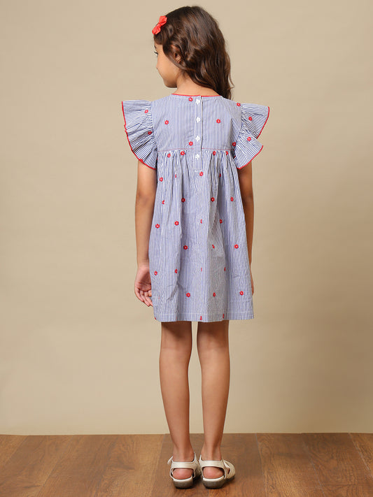 Blue striped girls printed dress with ruffle sleeves, gathered waist and red bow detailing