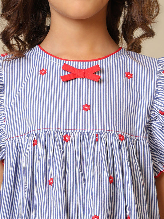 Blue striped girls printed dress with ruffle sleeves, gathered waist and red bow detailing
