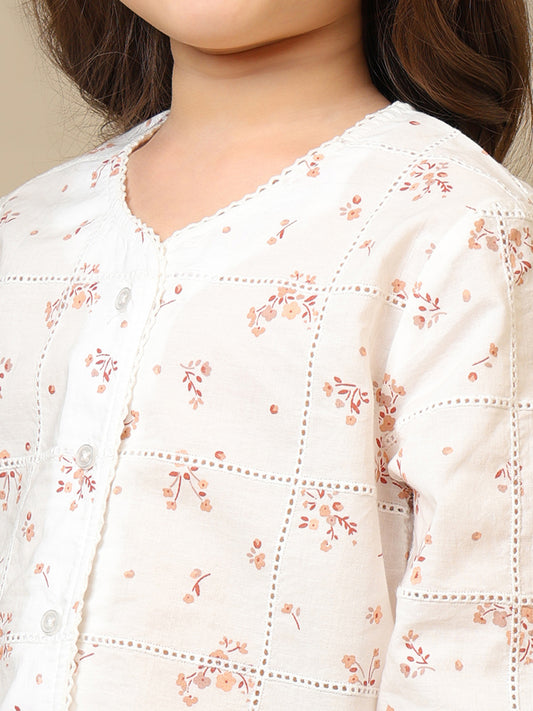 White girls floral embroidered long sleeve top with ruffle detailing and blue shorts