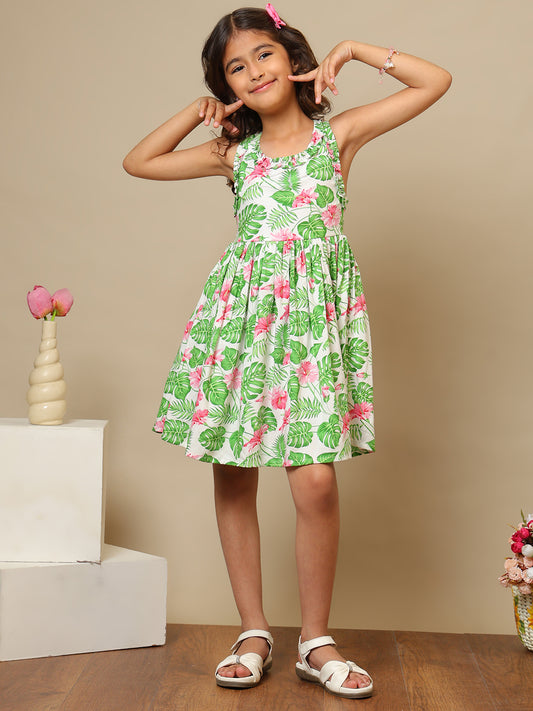 Green and pink floral printed girls fit and flare dress with shoulder straps and flared hem