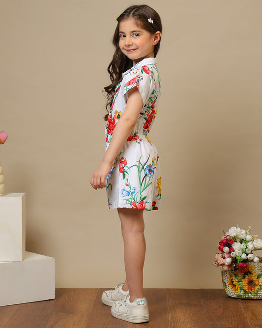 White girls floral printed co-ord set with short sleeve top and matching shorts
