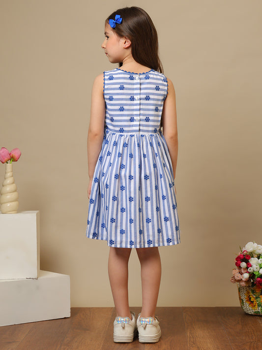 Blue and white striped girls sleeveless dress with floral print and ruffle hem