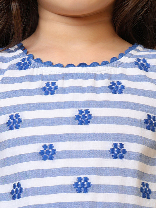 Blue and white striped girls sleeveless dress with floral print and ruffle hem