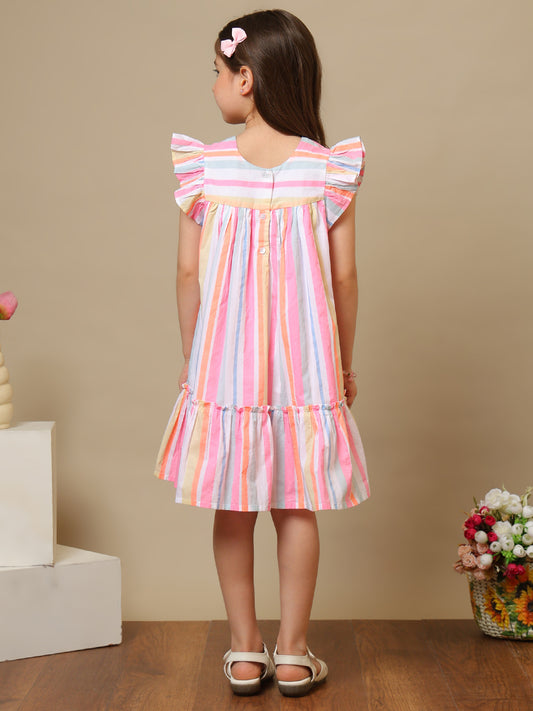 Multicolour striped girls fit and flare dress with ruffle sleeves and tiered hem