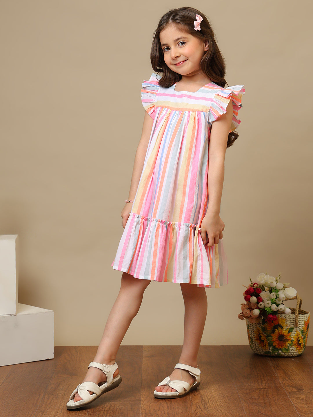 Multicolour striped girls fit and flare dress with ruffle sleeves and tiered hem