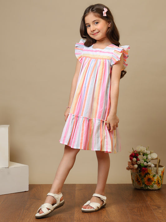 Multicolour striped girls fit and flare dress with ruffle sleeves and tiered hem