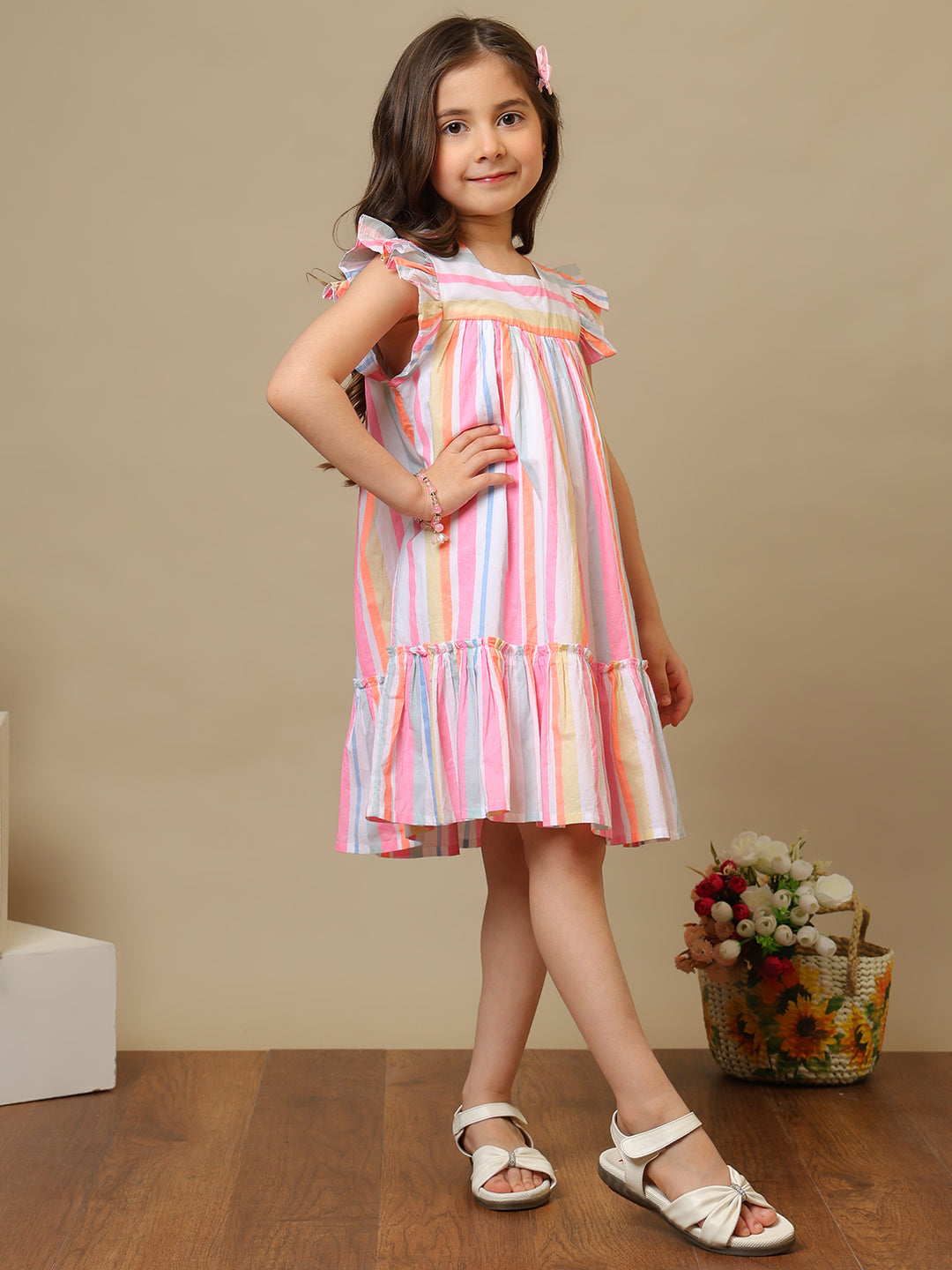 Multicolour striped girls fit and flare dress with ruffle sleeves and tiered hem