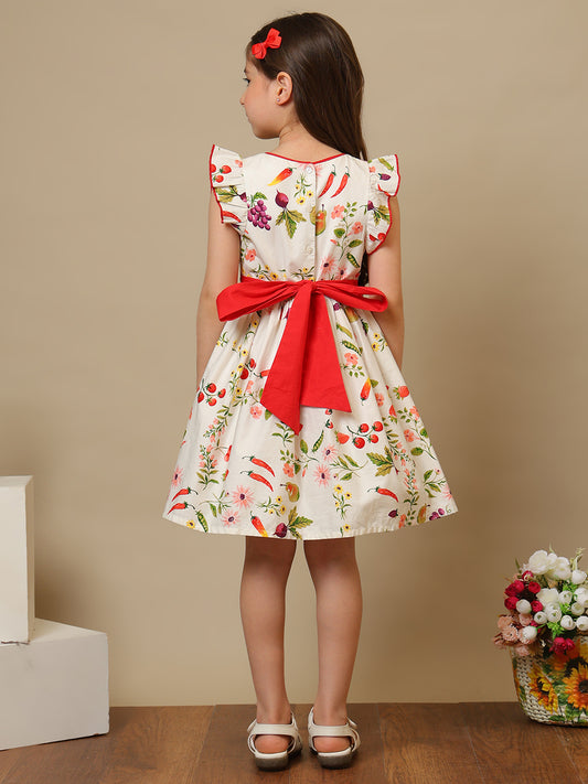 Cream girls floral printed fit and flare dress with ruffle sleeves and gathered waist