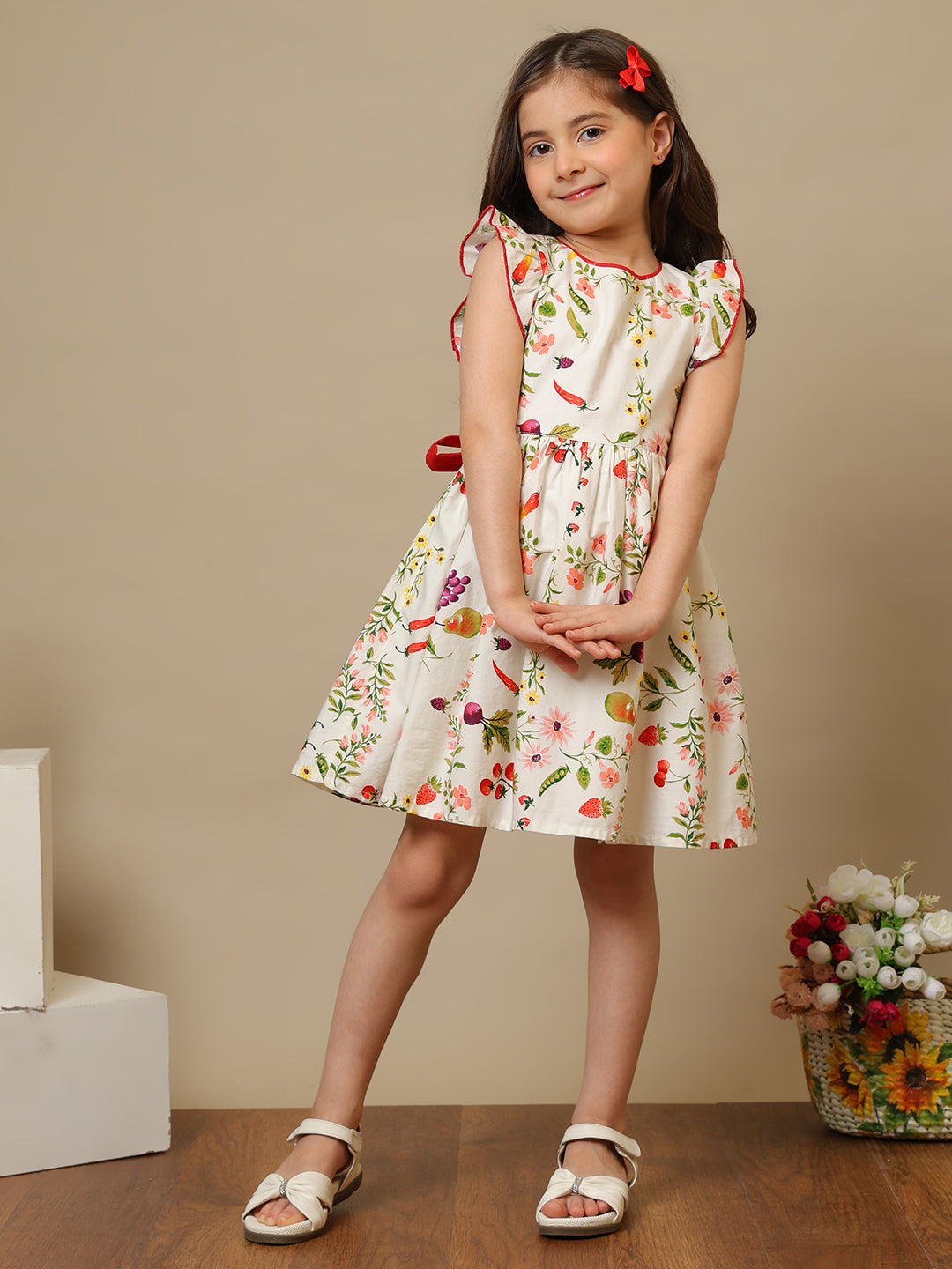 Cream girls floral printed fit and flare dress with ruffle sleeves and gathered waist