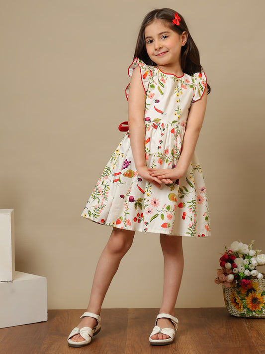 Cream girls floral printed fit and flare dress with ruffle sleeves and gathered waist