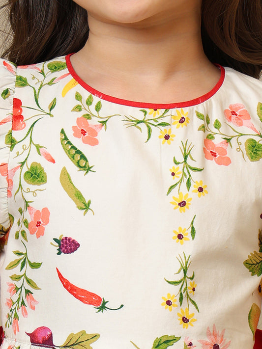 Cream girls floral printed fit and flare dress with ruffle sleeves and gathered waist