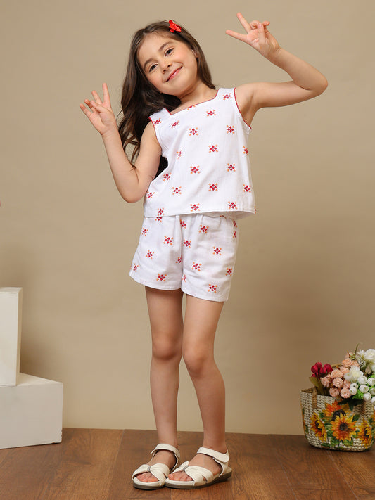 White girls heart printed sleeveless co-ord set with ruffle top and matching shorts