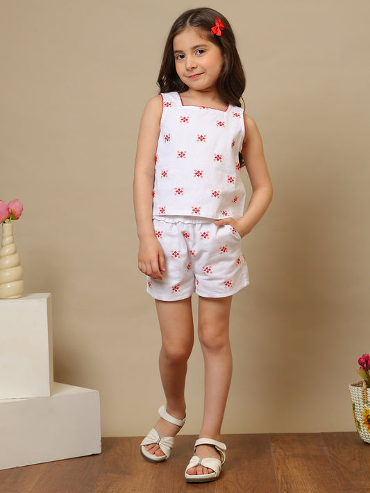 White girls heart printed sleeveless co-ord set with ruffle top and matching shorts